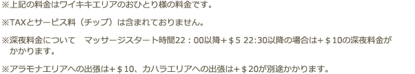 ※上記の料金はワイキキエリアのおひとり様の料金です。※TAXとサービス料（チップ）は含まれておりません。※深夜料金について　マッサージスタート時間22：00以降+＄5 22:30以降の場合は+＄10の深夜料金がかかります。　※アラモナエリアへの出張は+＄10、カハラエリアへの出張は+＄20が別途かかります。